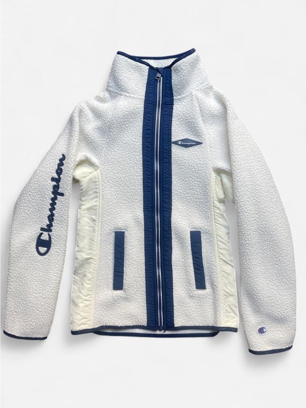 Champion Y2k Gorpcore Soft Sherpa Fleece Zip-up Jacket w Navy Trim Sz XS